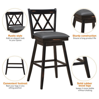 Set of 2 Counter Height Bar Stool with Foot Rest Upholstered Cushion-Black