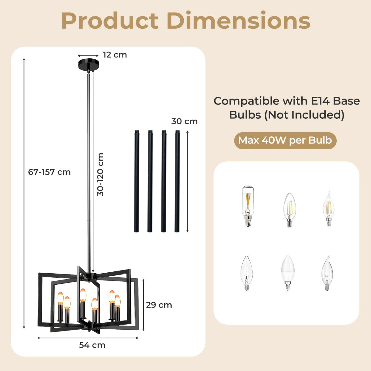 6-Light Black Farmhouse Chandelier with Adjustable Height-Black