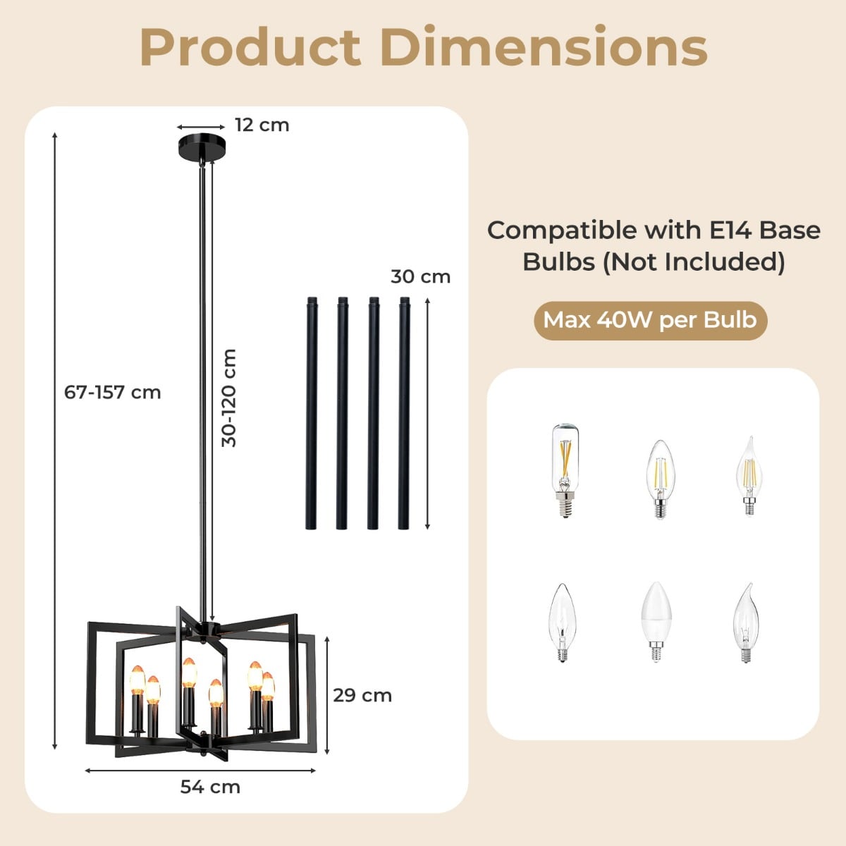 6-Light Black Farmhouse Chandelier with Adjustable Height-Black