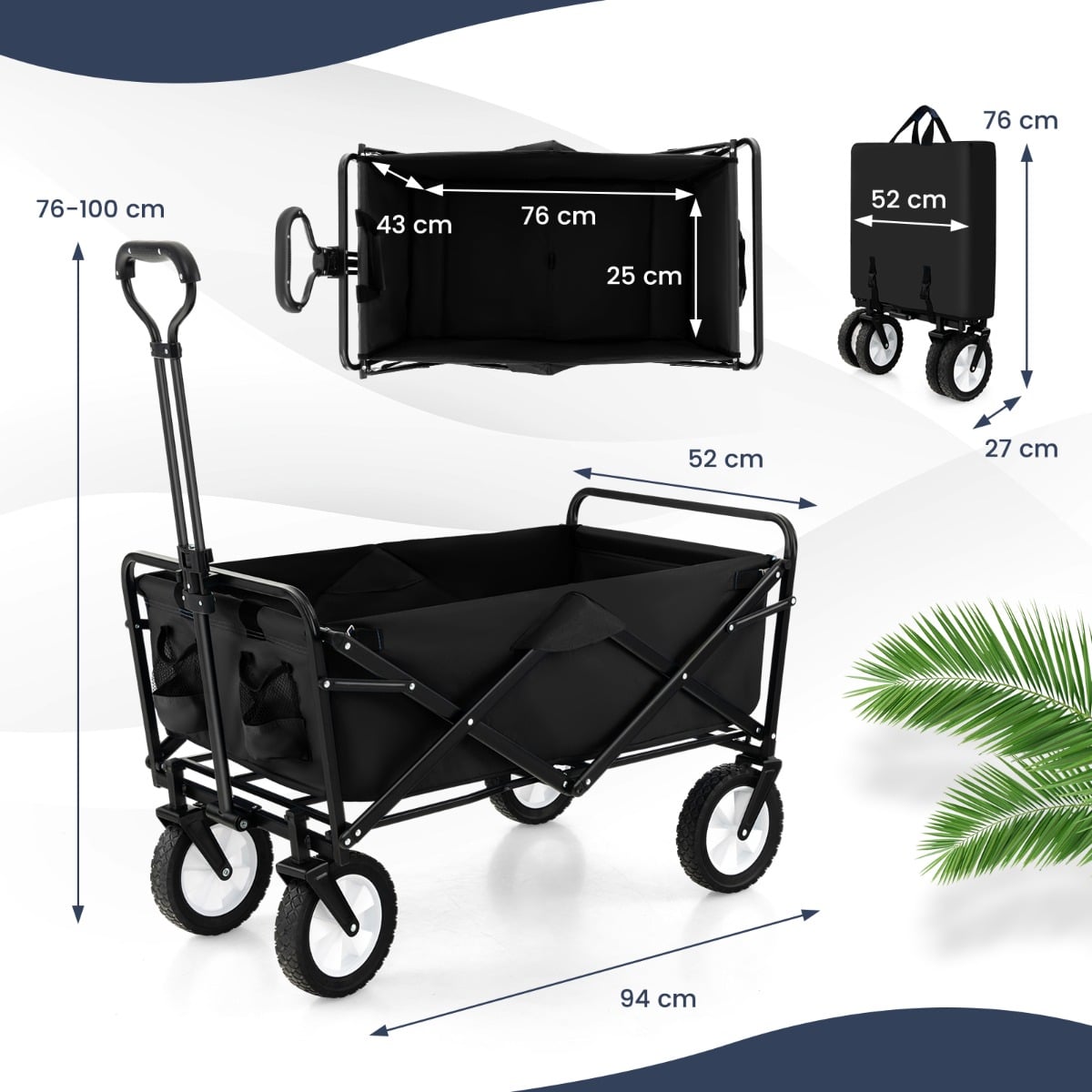 eavy Duty Camping Garden Cart with Adjustable Handle and Drink Holders-Black