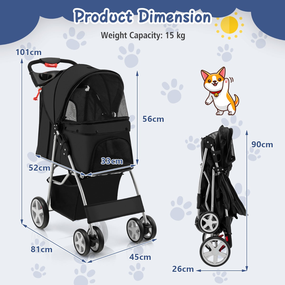 4-Wheel Folding Pet Stroller with Mesh Windows & Storage Basket-Black