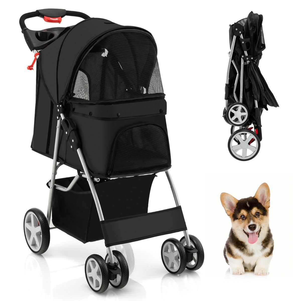 4-Wheel Folding Pet Stroller with Mesh Windows & Storage Basket-Black