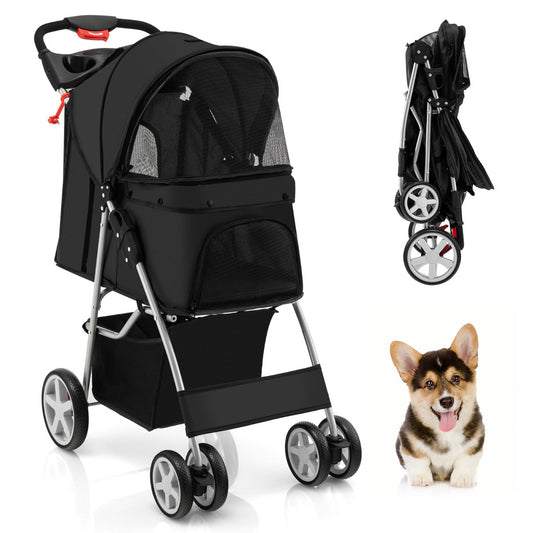4-Wheel Folding Pet Stroller with Mesh Windows & Storage Basket-Black