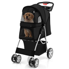 4-Wheel Folding Pet Stroller with Mesh Windows & Storage Basket-Black
