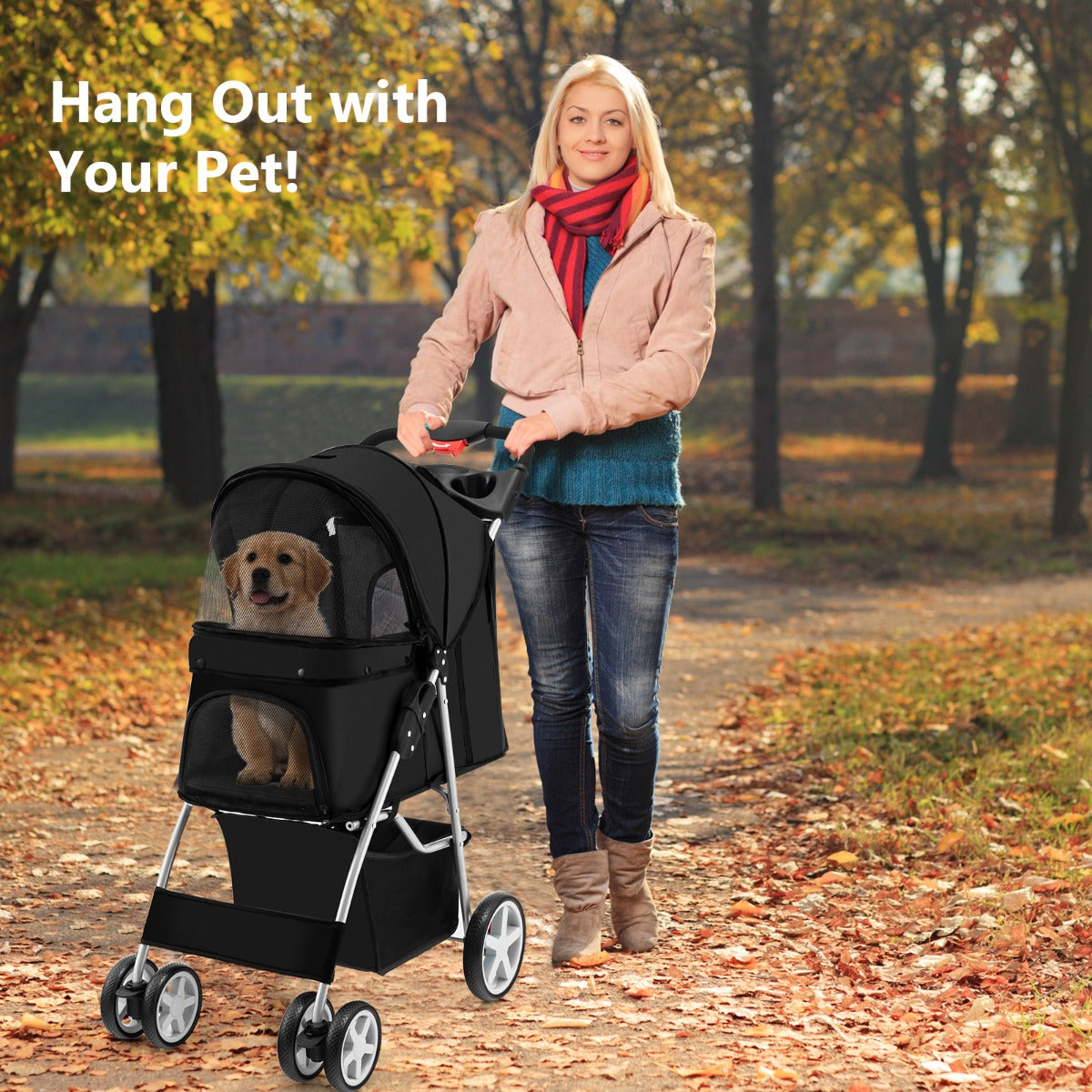 4-Wheel Folding Pet Stroller with Mesh Windows & Storage Basket-Black