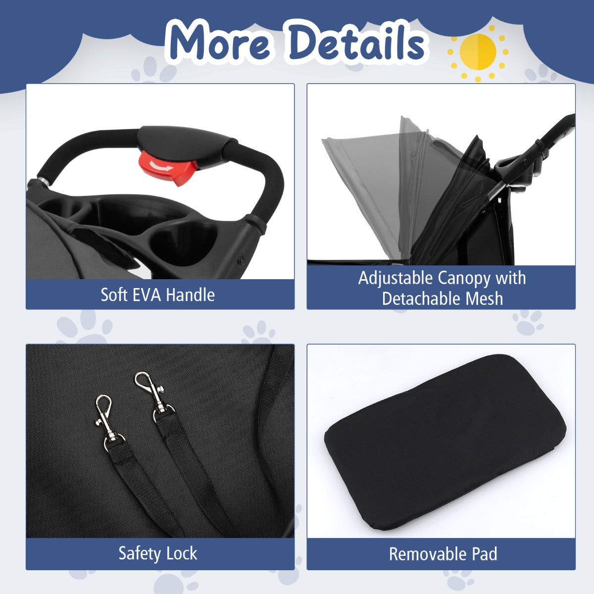 4-Wheel Folding Pet Stroller with Mesh Windows & Storage Basket-Black