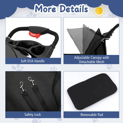 4-Wheel Folding Pet Stroller with Mesh Windows & Storage Basket-Black