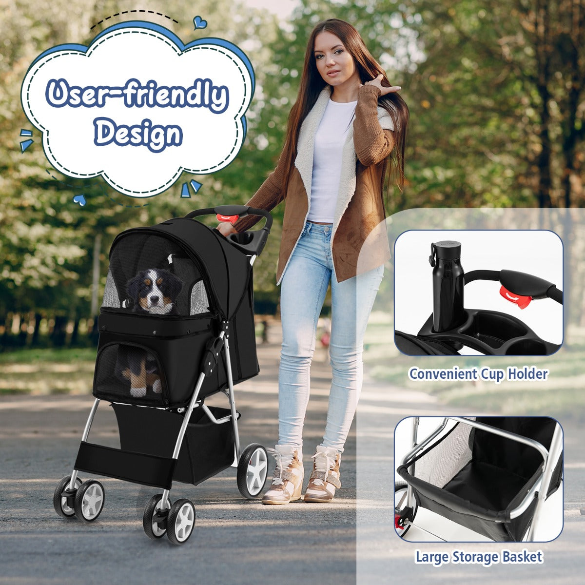 4-Wheel Folding Pet Stroller with Mesh Windows & Storage Basket-Black