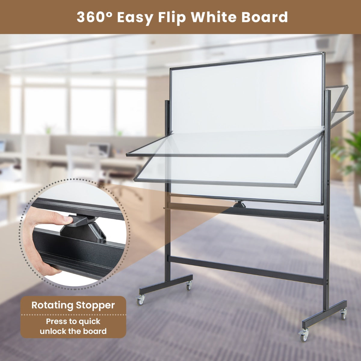 Double-Sided Mobile Whiteboard with Grid Pattern & Stand & Pen Tray 120 x 90 cm Black