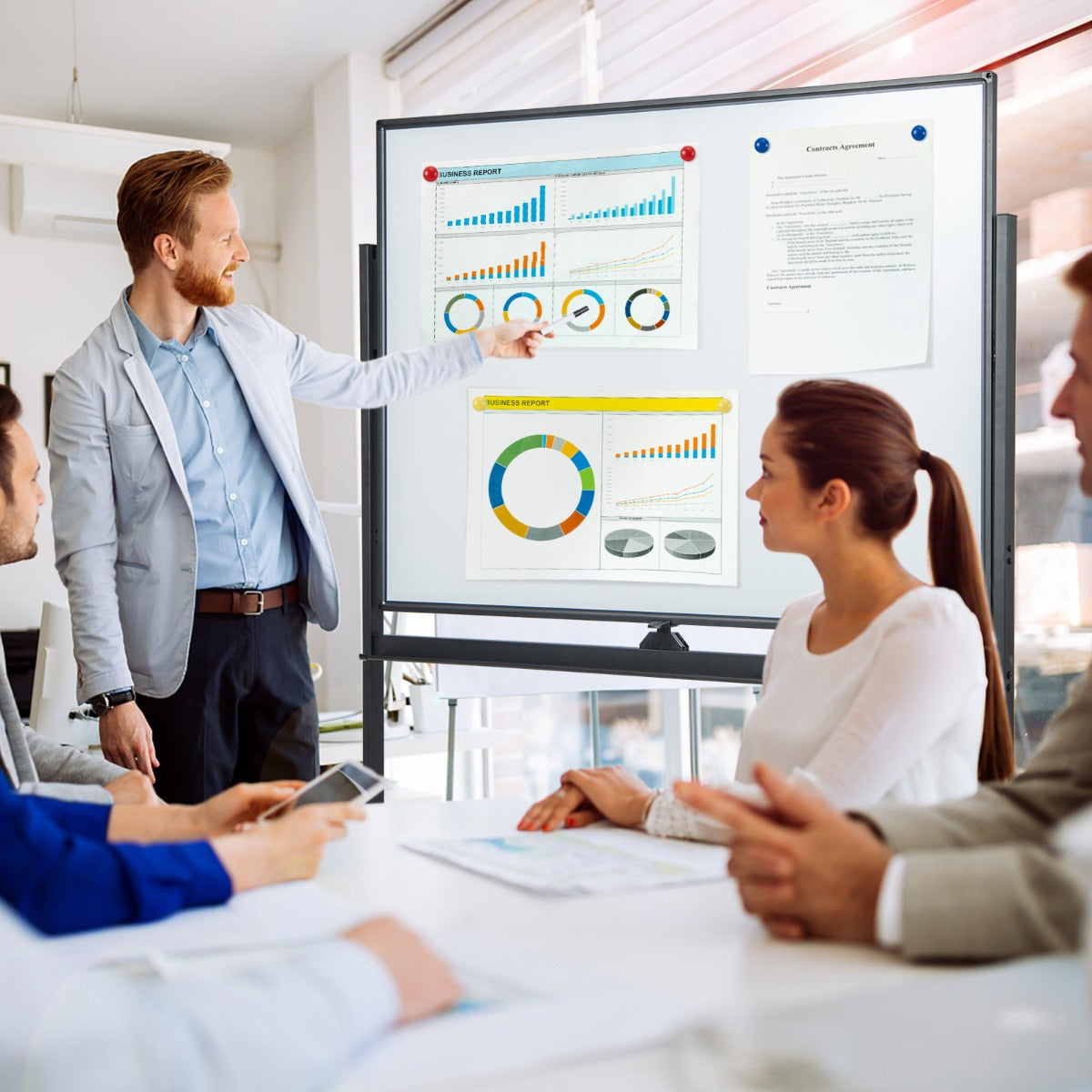 Double-Sided Mobile Whiteboard with Grid Pattern & Stand & Pen Tray 120 x 90 cm Black