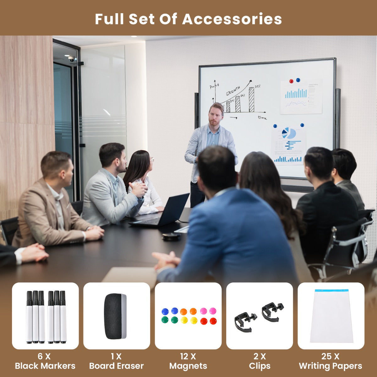 Double-Sided Mobile Whiteboard with Grid Pattern & Stand & Pen Tray 120 x 90 cm Black