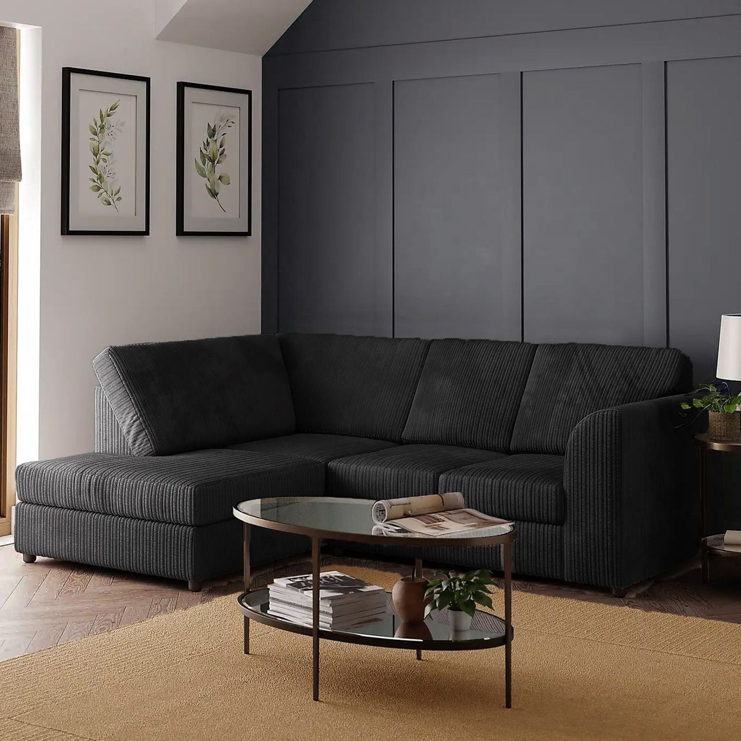 Blake Full Back Black with Grey Jumbo Cord Corner Sofa - Right and Left Arm - Available in Other Colours