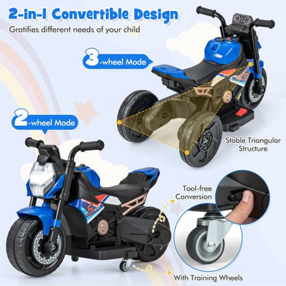 6V Kids Ride-on Motorcycle with 2-wheel/3-wheel Conversion &amp; Detachable Training Wheels-Blue