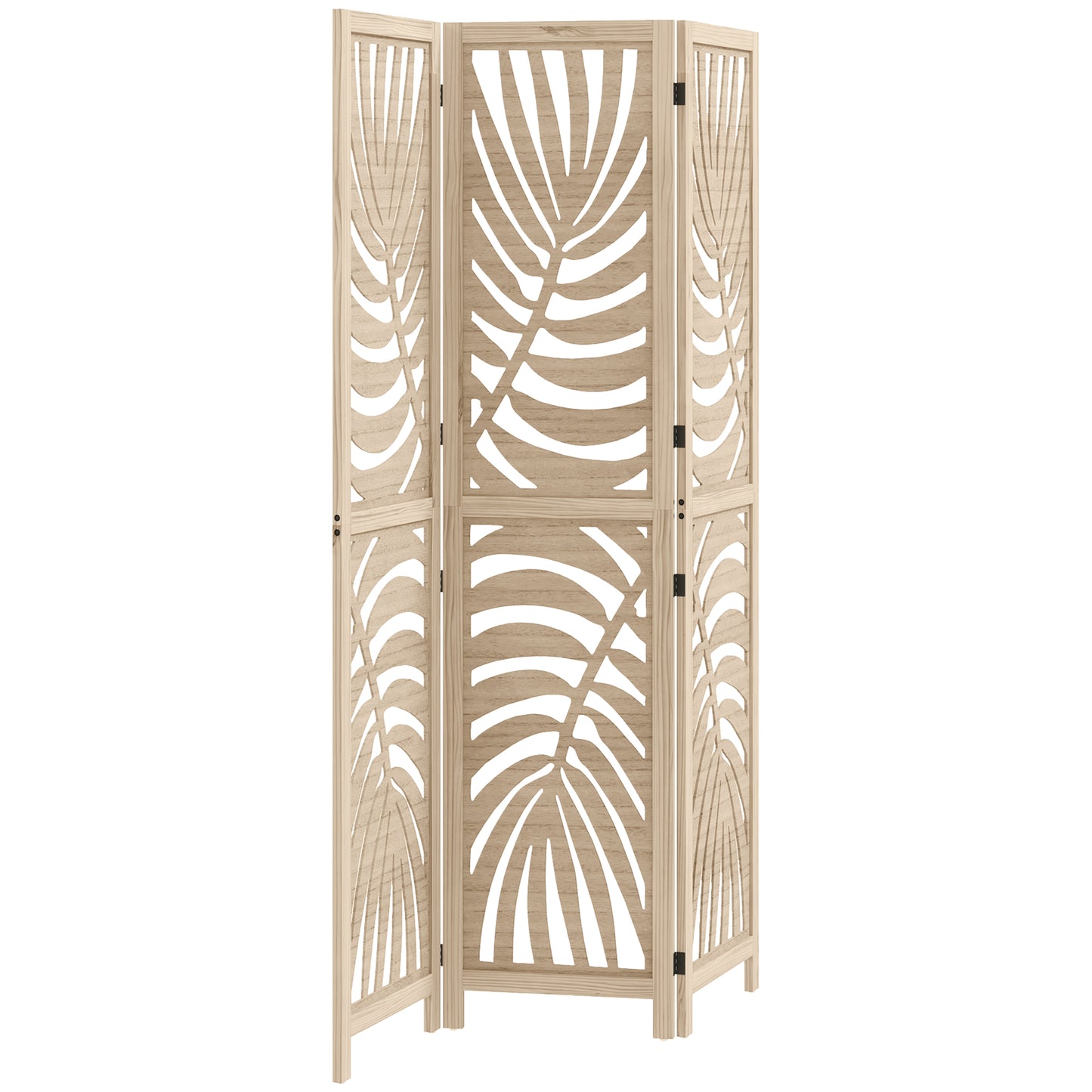 HOMCOM 3 Panel Room Divider, Detachable Folding Privacy Screens with Palm Leaf Design for Home Office, Natural Wood Finish