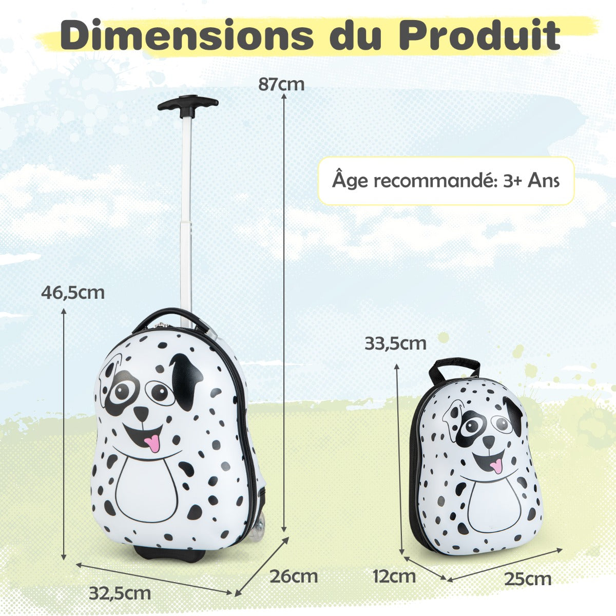 2 pieces kids luggage set with wheels and height adjustable handle white and black