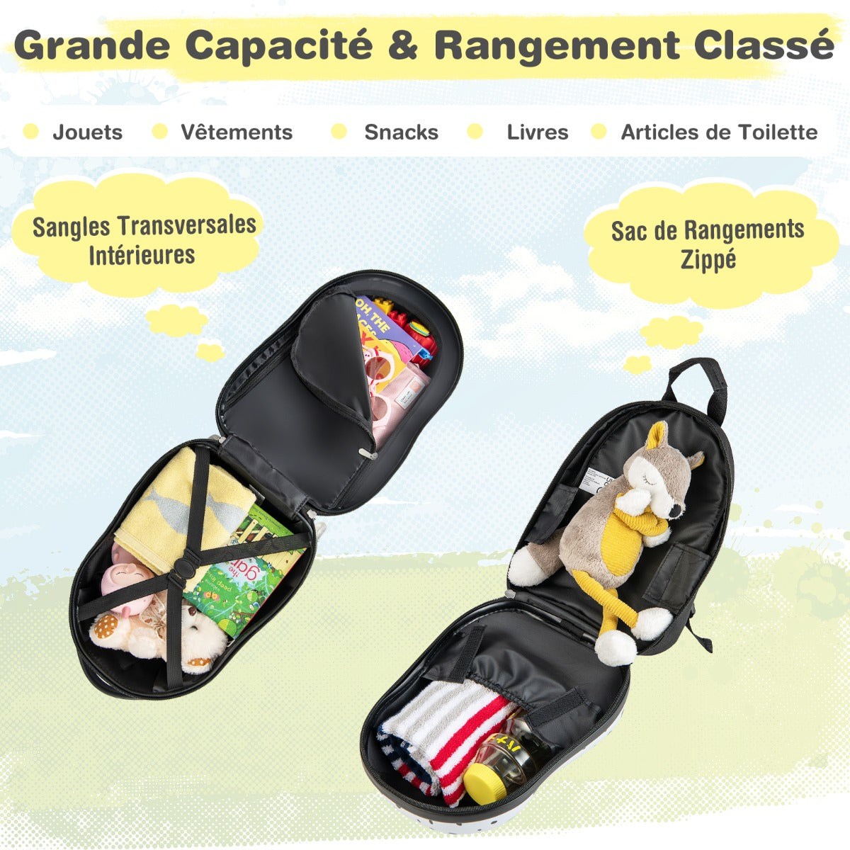 2 pieces kids luggage set with wheels and height adjustable handle white and black