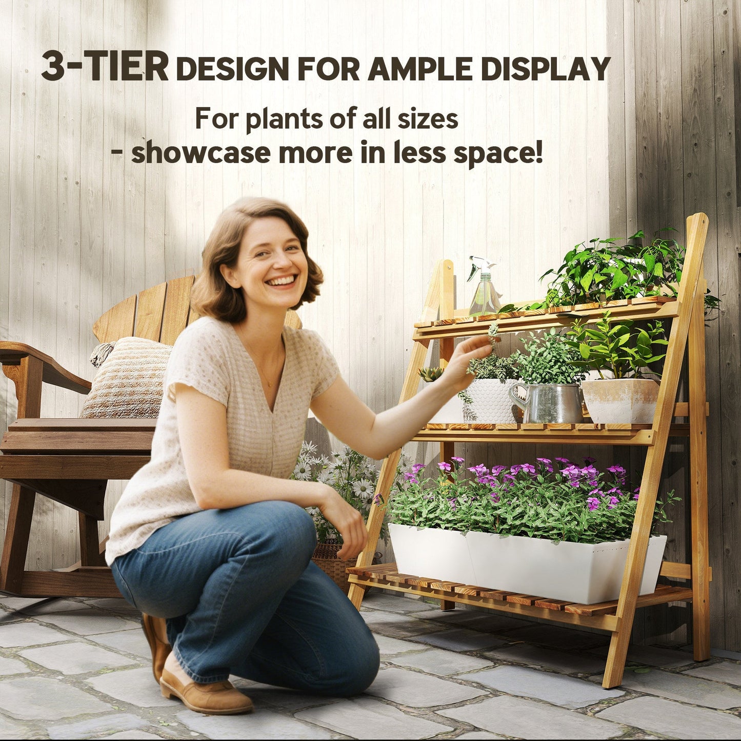 Outsunny Wooden Folding Flower Pot Stand 3 Tier Garden Planter Display Ladder Gardener Storage Shelves Rack Herb Holder (80L x 37W x 93H cm)