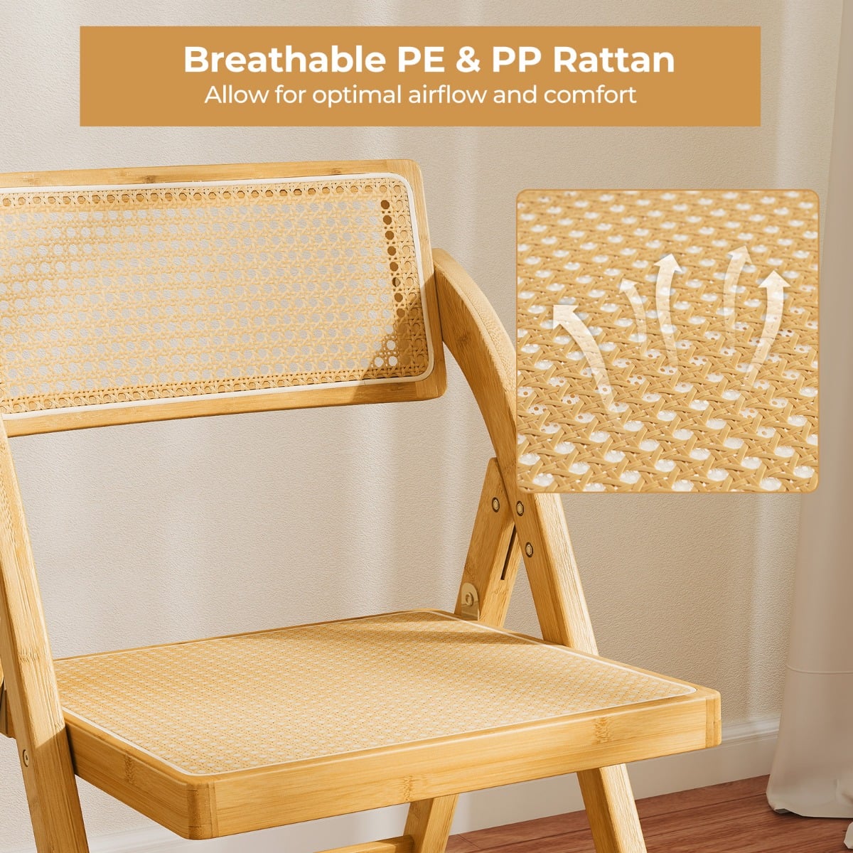 Boho Accent Rattan Cane Folding Chairs Set of 2 Bamboo Dining Chairs-Natural