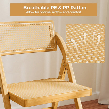 Boho Accent Rattan Cane Folding Chairs Set of 2 Bamboo Dining Chairs-Natural