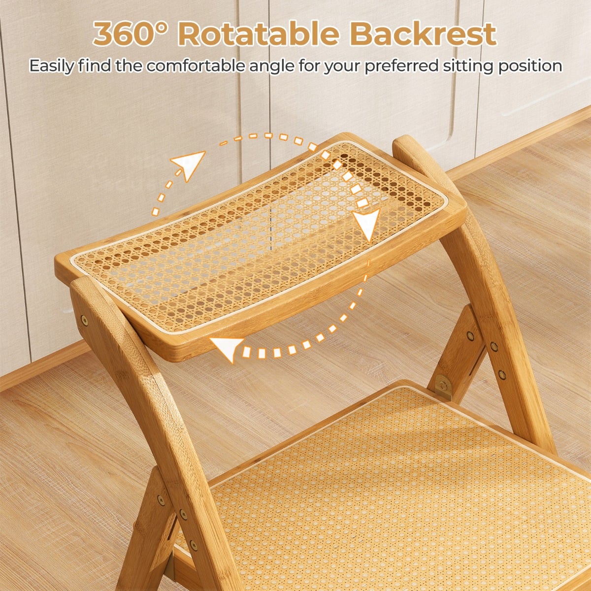 Boho Accent Rattan Cane Folding Chairs Set of 2 Bamboo Dining Chairs-Natural