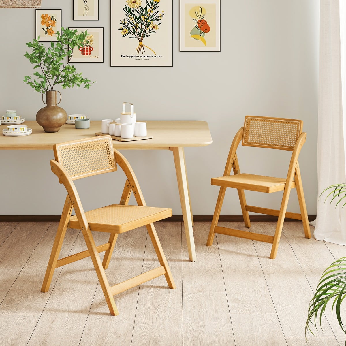 Boho Accent Rattan Cane Folding Chairs Set of 2 Bamboo Dining Chairs-Natural