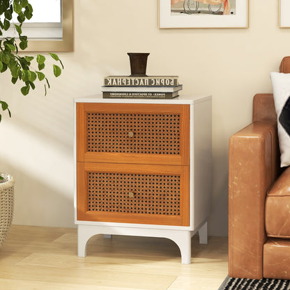 Boho Accent Table with 2 Handwoven Rattan Decorated Drawers-White