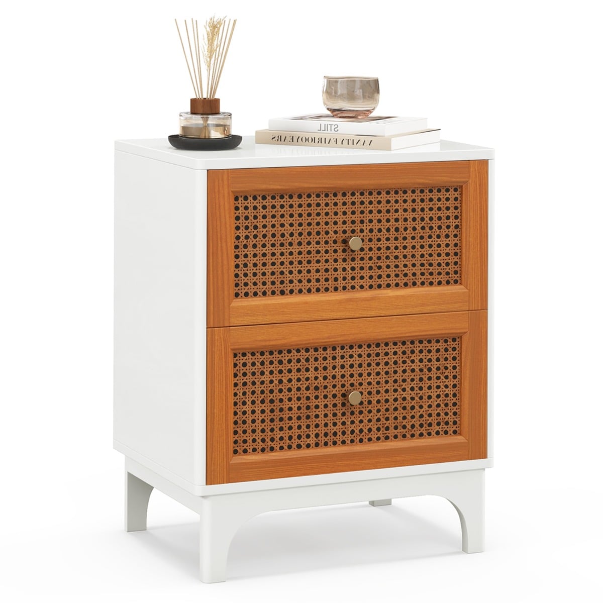 Boho Accent Table with 2 Handwoven Rattan Decorated Drawers-White