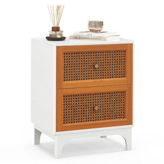 Boho Accent Table with 2 Handwoven Rattan Decorated Drawers-White