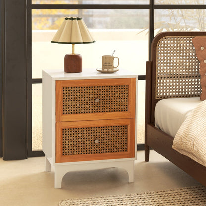 Boho Accent Table with 2 Handwoven Rattan Decorated Drawers-White
