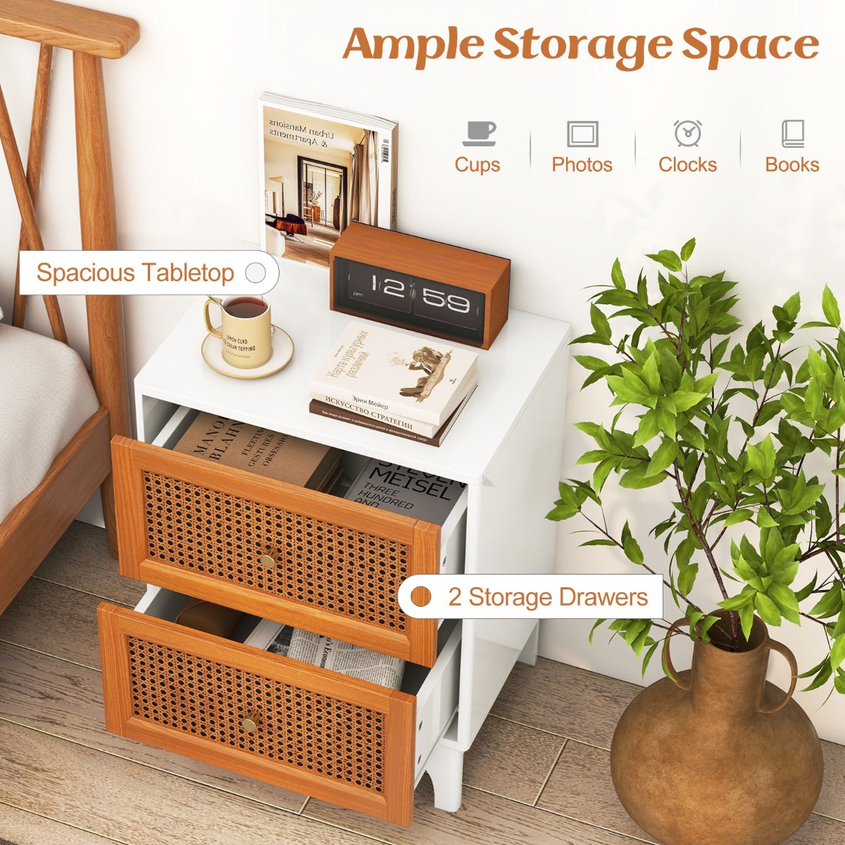 Boho Accent Table with 2 Handwoven Rattan Decorated Drawers-White