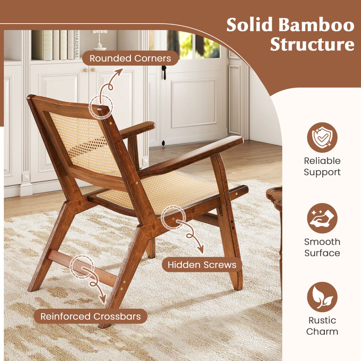 Boho Rattan Accent Chair with Solid Bamboo Wood-Walnut