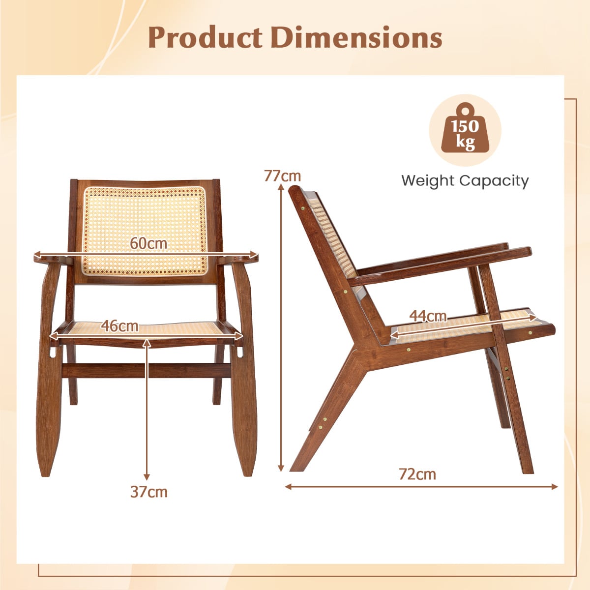 Boho Rattan Accent Chair with Solid Bamboo Wood-Walnut