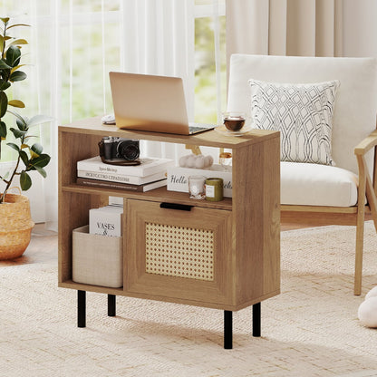 Boho Rattan Side End Table with Open Storage Shelf and Cabinet-Natural
