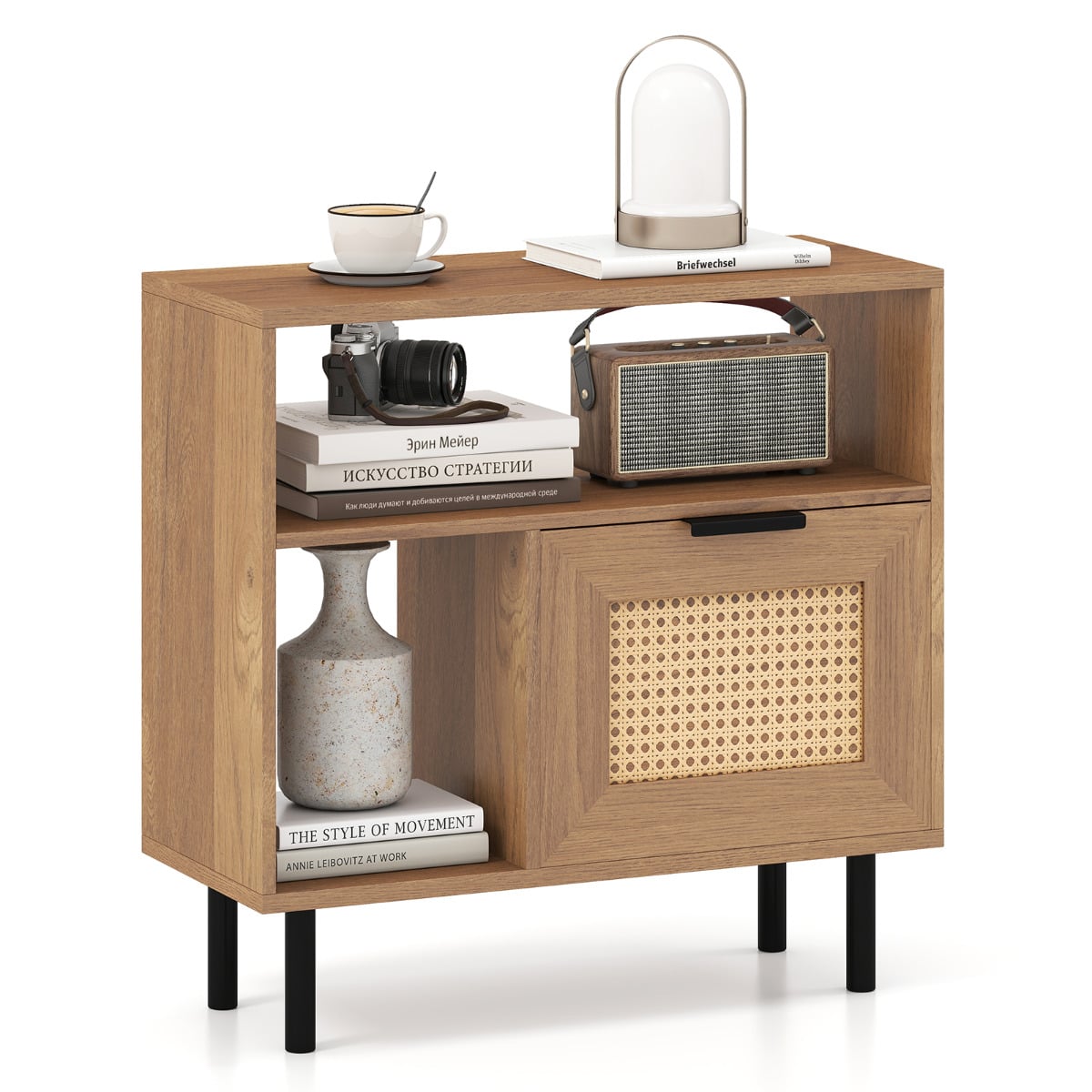 Boho Rattan Side End Table with Open Storage Shelf and Cabinet-Natural