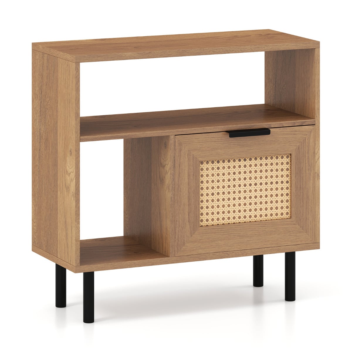 Boho Rattan Side End Table with Open Storage Shelf and Cabinet-Natural