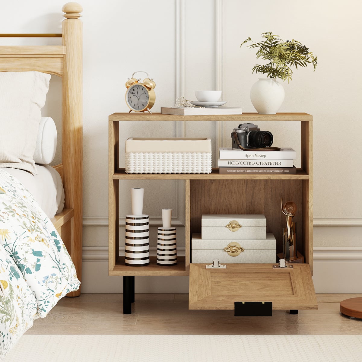 Boho Rattan Side End Table with Open Storage Shelf and Cabinet-Natural