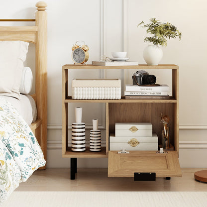 Boho Rattan Side End Table with Open Storage Shelf and Cabinet-Natural