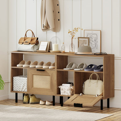 Boho Rattan Side End Table with Open Storage Shelf and Cabinet-Natural