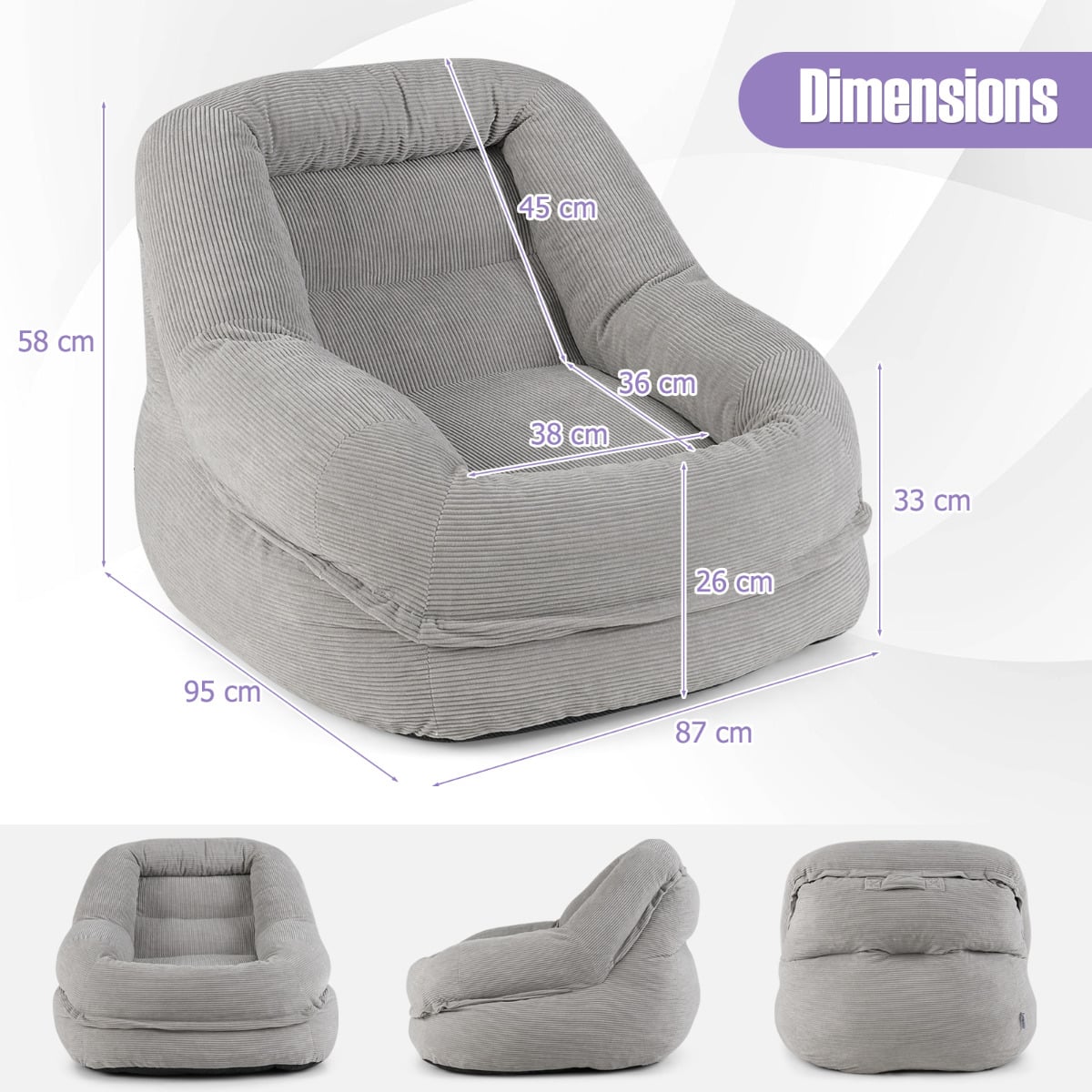 Boneless Floor Single Sofa Chair with Soft Stripe Corduroy Cover-Grey