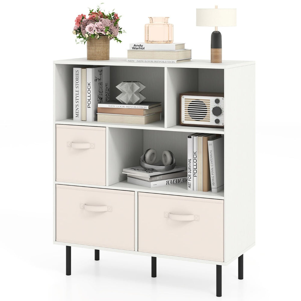 3-Tier Bookcase with 3 Removable Folding Fabric Drawers-White