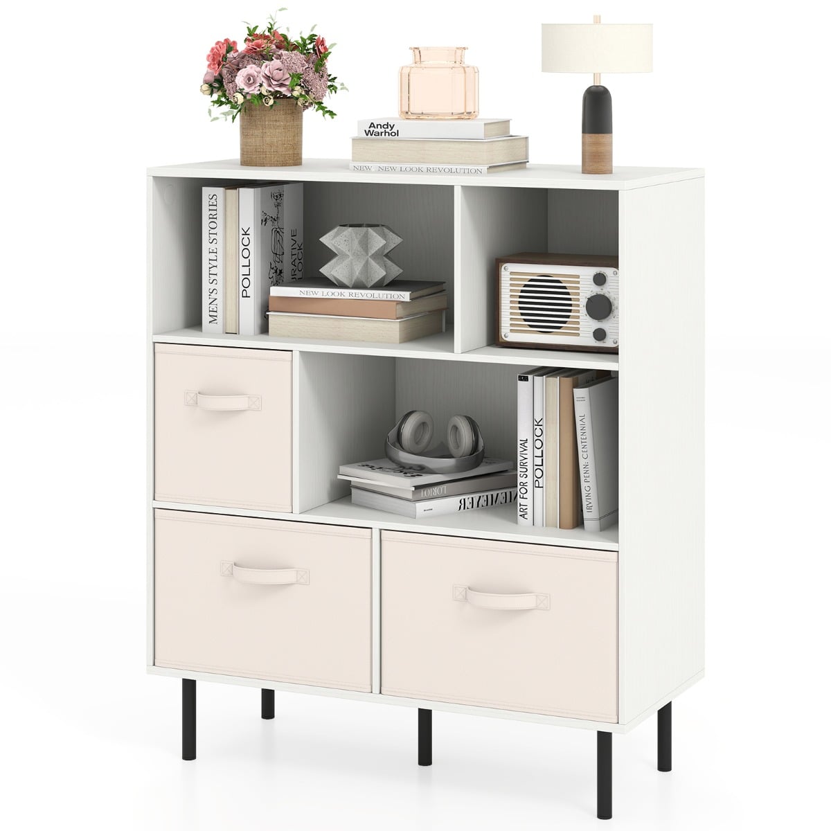 3-Tier Bookcase with 3 Removable Folding Fabric Drawers-White