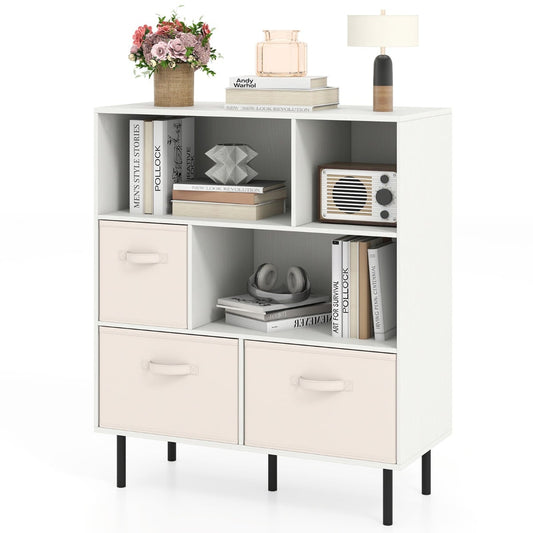 3-Tier Bookcase with 3 Removable Folding Fabric Drawers-White