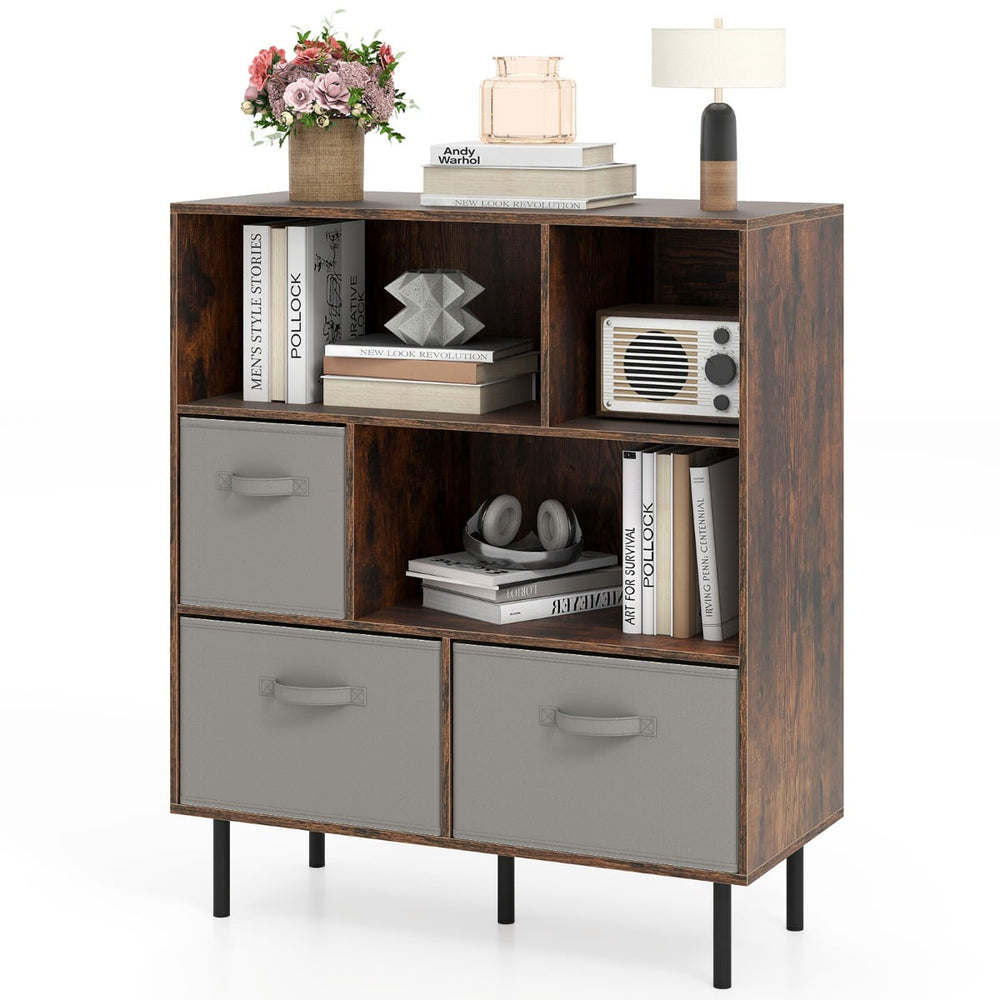 3-Tier Bookcase with 3 Removable Folding Fabric Drawers-Rustic Brown