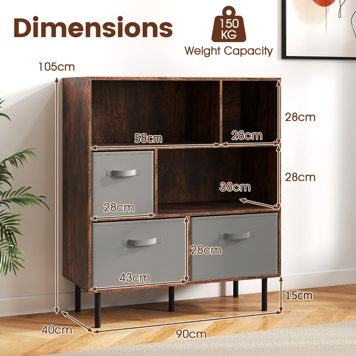 3-Tier Bookcase with 3 Removable Folding Fabric Drawers-Rustic Brown