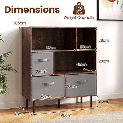 3-Tier Bookcase with 3 Removable Folding Fabric Drawers-Rustic Brown