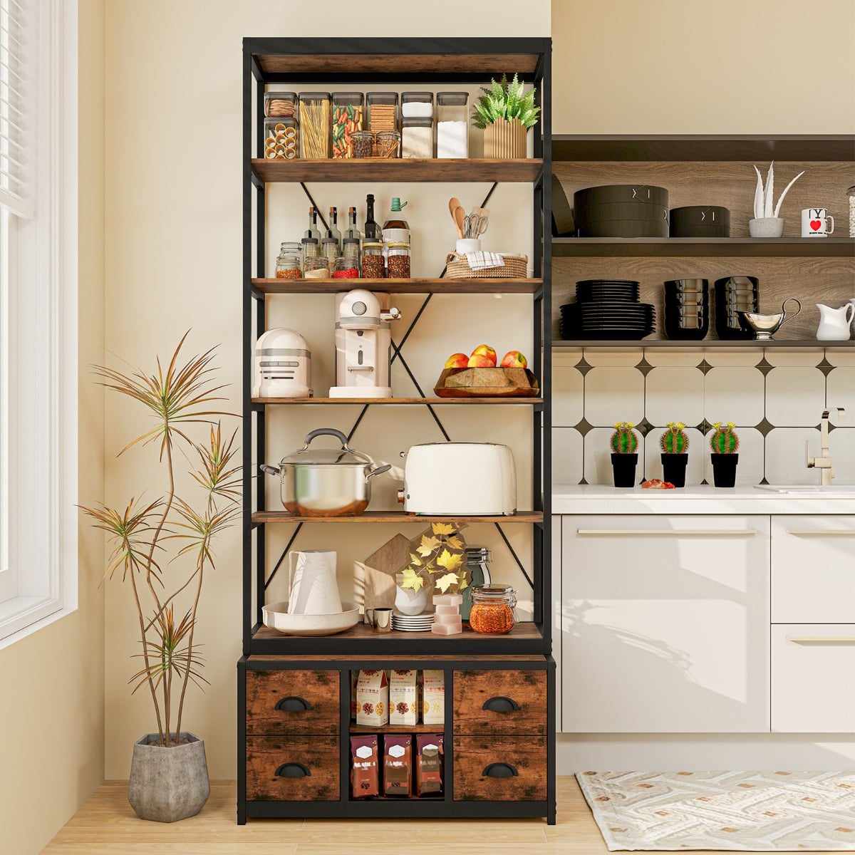 8-tier Bookshelf with Storage and 4 Fabric Drawers -Rustic Brown