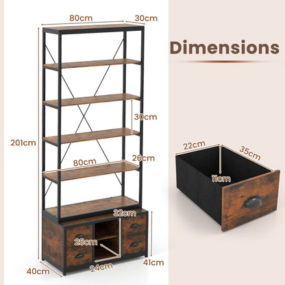 8-tier Bookshelf with Storage and 4 Fabric Drawers -Rustic Brown