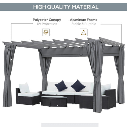 Outsunny 3.6 x 3(m) Outdoor Pergola with Retractable Roof and Curtains, Garden Gazebo Canopy Sun Shade Shelter with Aluminum Frame, Dark Grey