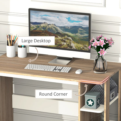 HOMCOM Computer Desk, Writing Desk with 3-Tier Storage Shelf, Work Table for Home Office, Study, Living Room, Oak and White