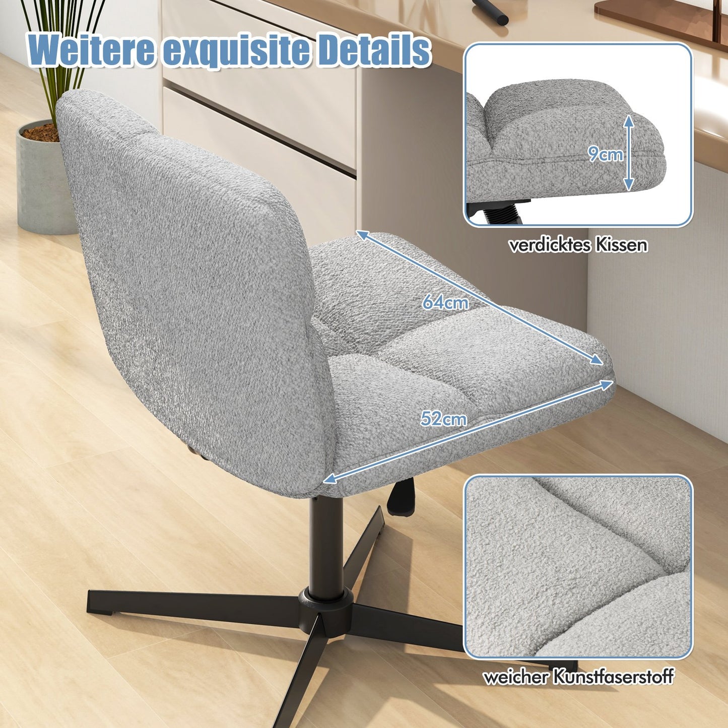 Office chair without armrests, height-adjustable cross-legged chair with rocking function, armless desk chair, grey